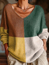 Women's Vintage Four-color Checkered Graphic Art Print Casual Pullover Sweater